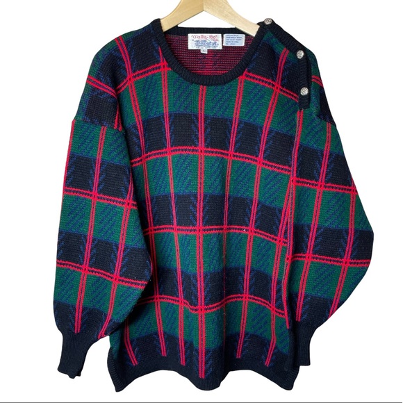 Vintage Sweaters - Tally Ho Vintage Christmas Holiday Windowpane Plaid Oversized Sweater